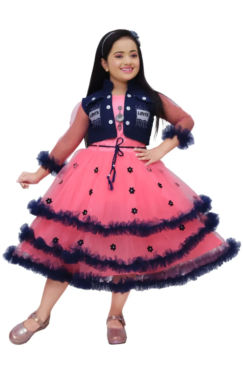 Girls’ Red Net Frock Gown with Denim Jacket – Party Wear