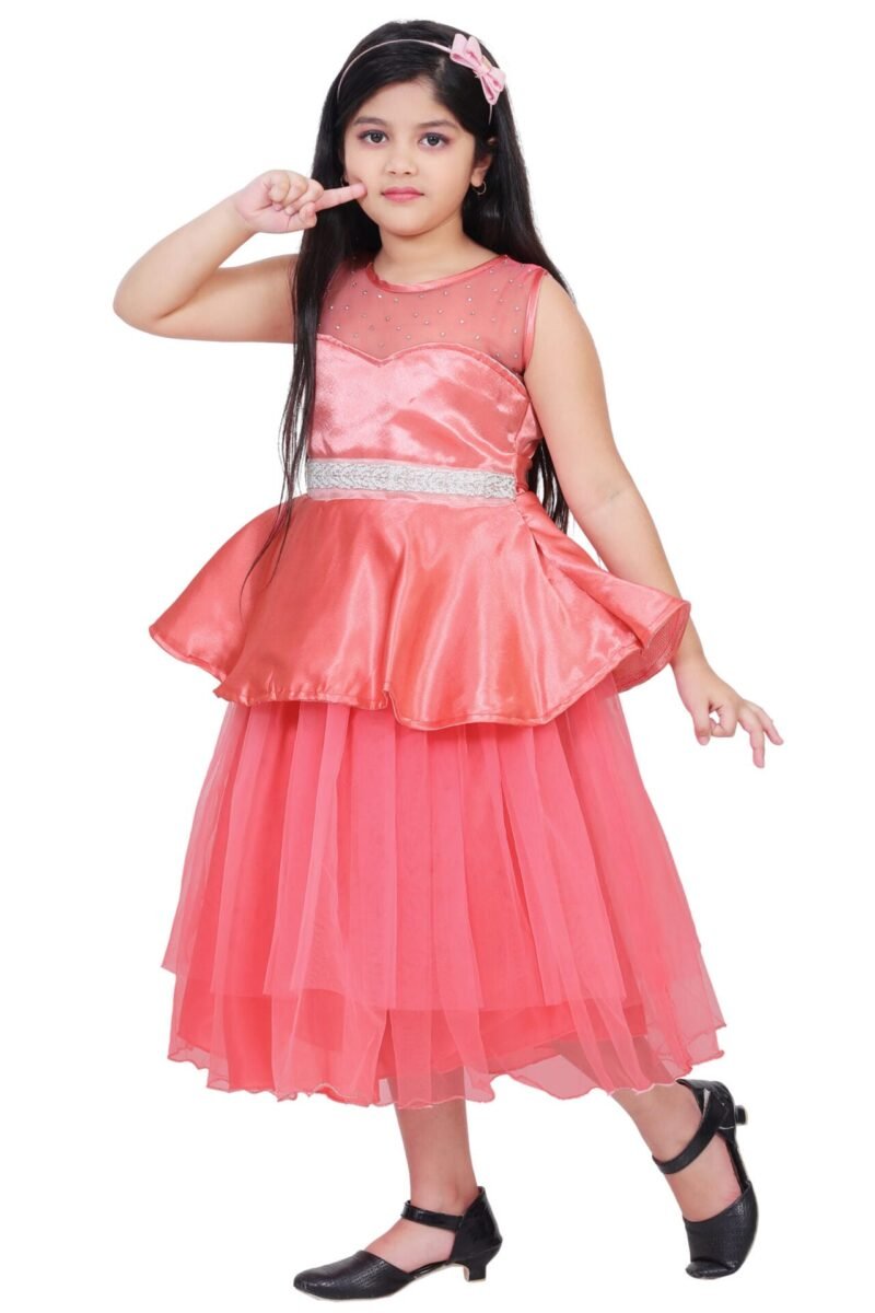 Girls Long Net Frock for Kids Stylish Party Wear Floor Length Gown with Glittery Belt - Image 3