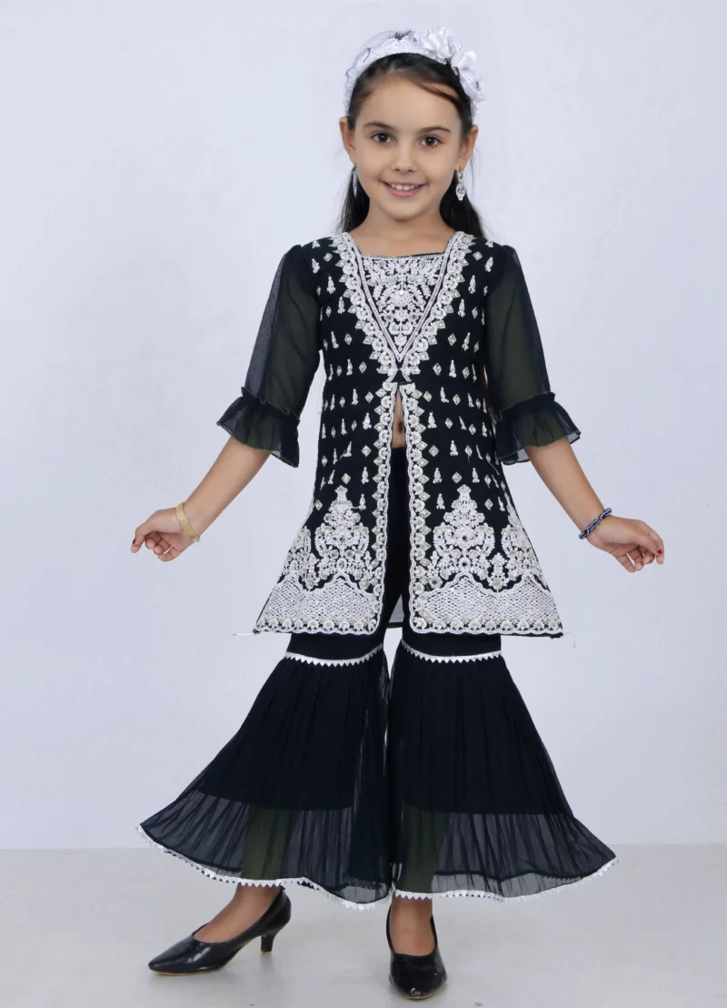 Girls Black Embroidered Sharara Set | Wedding Ethnic Dress | 5–10Y