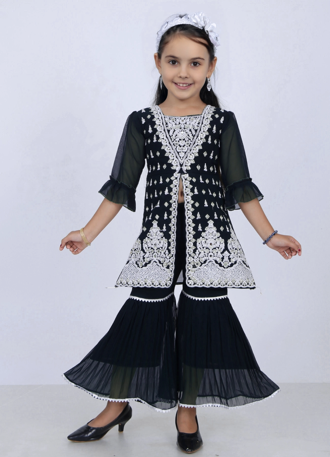 Girls Black Embroidered Sharara Set | Wedding Ethnic Dress | 5–10Y