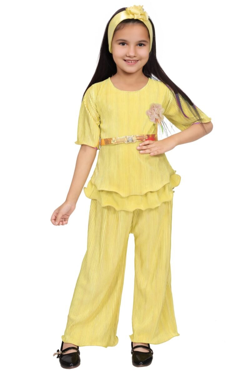 Girls Golden Yellow Co-ord Set with Belt | Cotton Blend | 4-10Y - Image 3