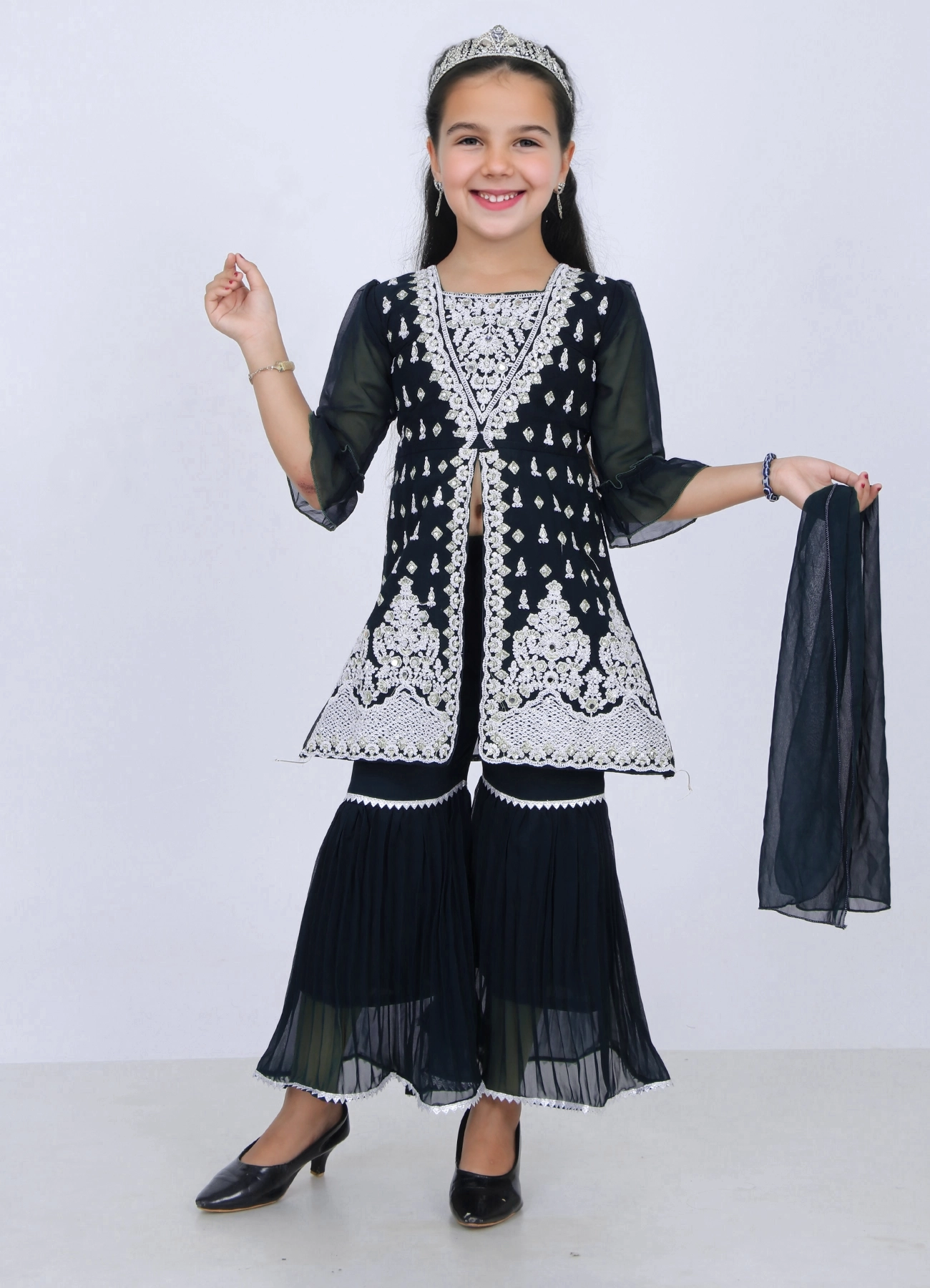 Girls Black Embroidered Sharara Set | Wedding Ethnic Dress | 5–10Y - Image 4