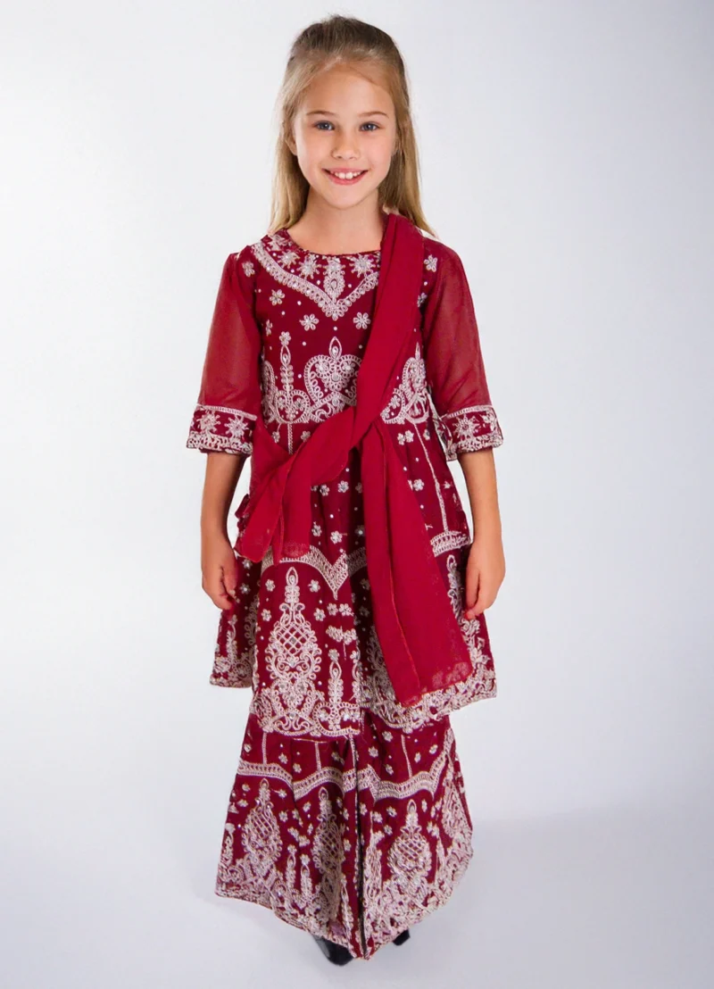 Girls Maroon Embroidered Lehenga Choli Set for wedding | Age 5-8 Years - Image 7