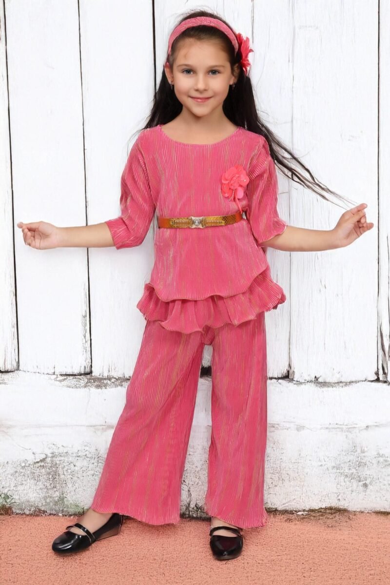 Girls Tomato Color Co-ord Set with Belt | Cotton Blend | 4-10Y
