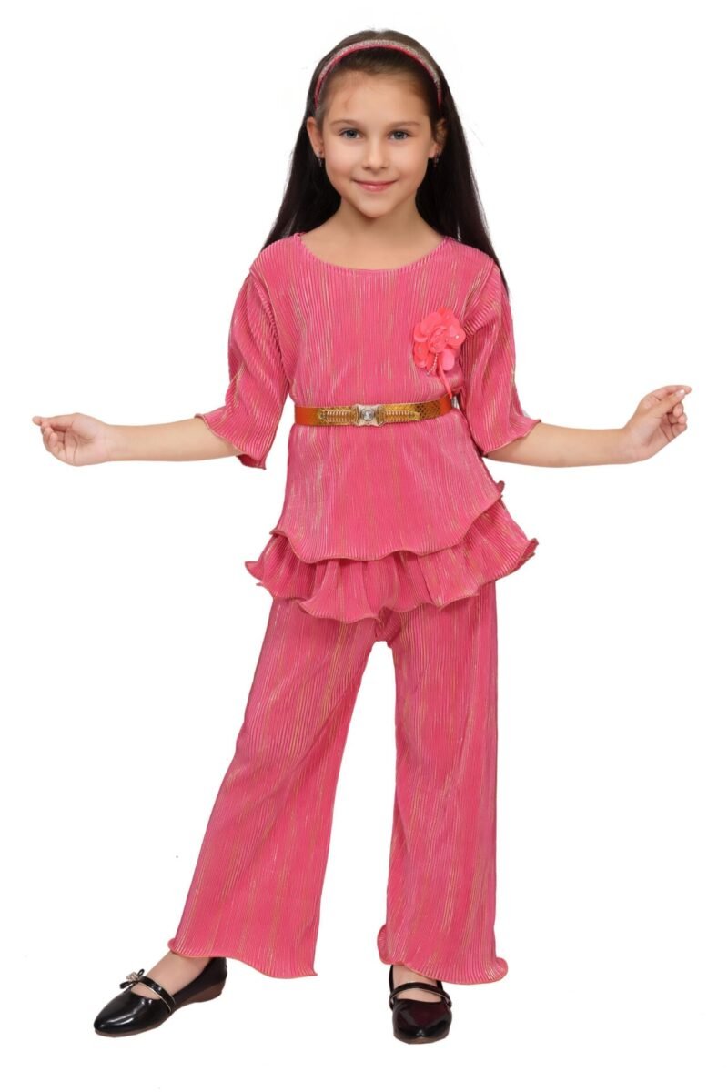 Girls Tomato Color Co-ord Set with Belt | Cotton Blend | 4-10Y - Image 2