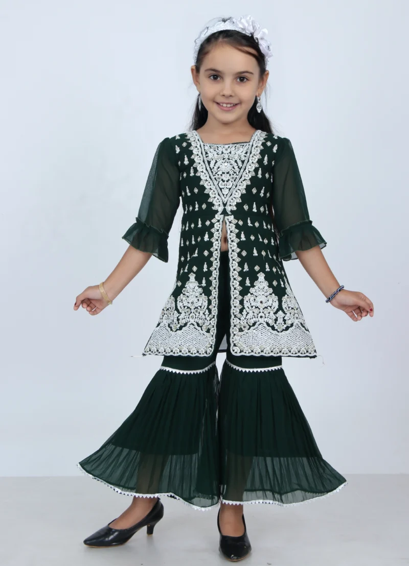 Green Embroidered Sharara Set for Girls | Age 5–10Y - Image 3