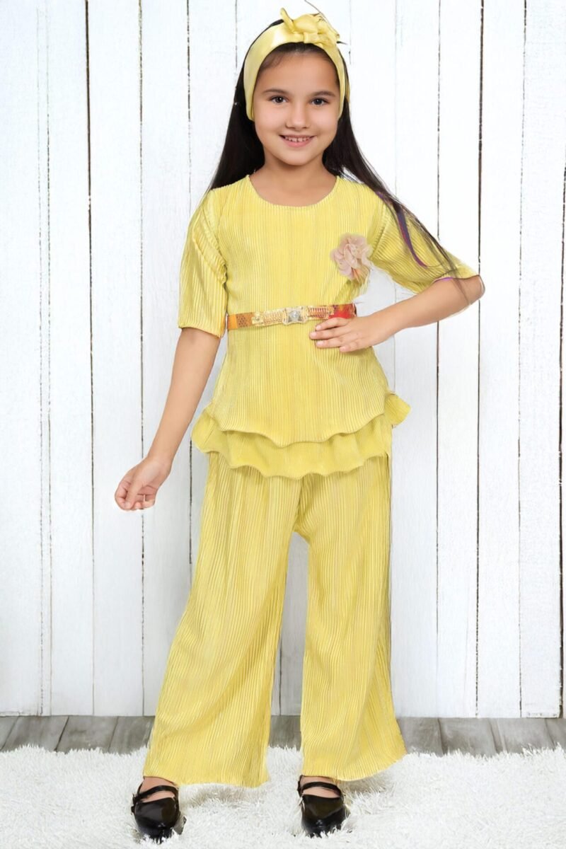 Girls Golden Yellow Co-ord Set with Belt | Cotton Blend | 4-10Y