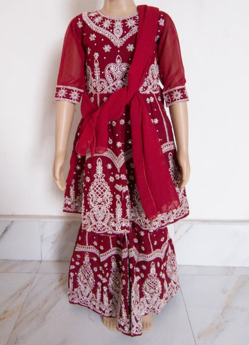 Girls Maroon Embroidered Lehenga Choli Set for wedding | Age 5-8 Years - Image 4