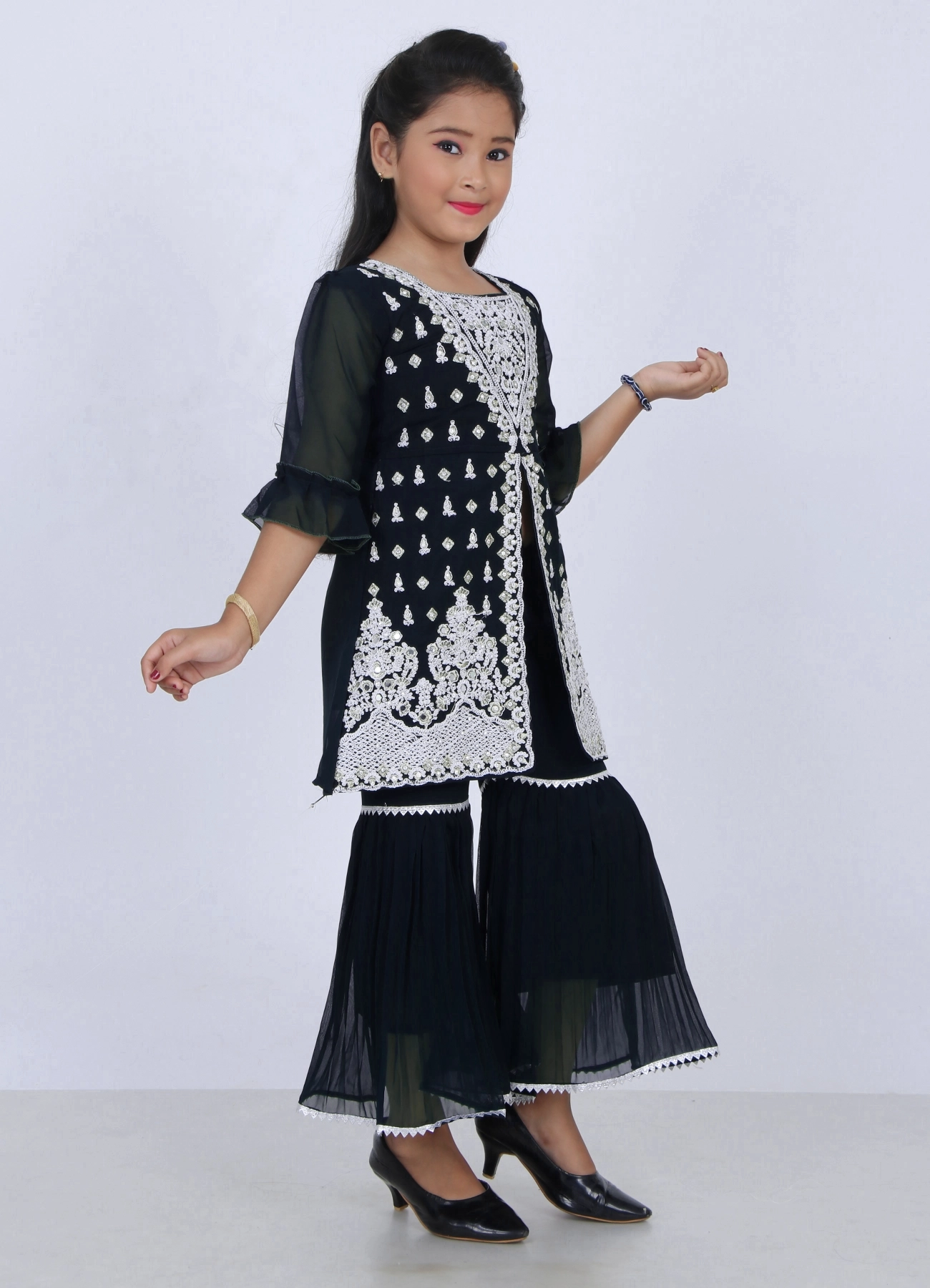 Girls Black Embroidered Sharara Set | Wedding Ethnic Dress | 5–10Y - Image 2