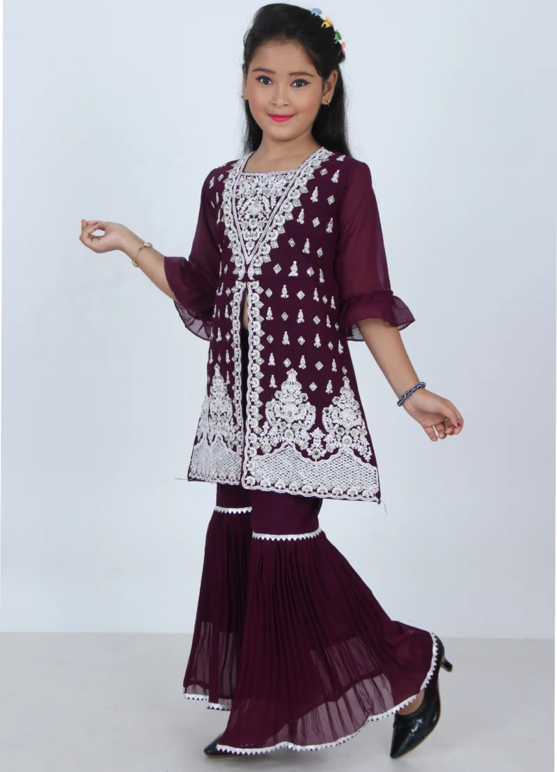 Girls Maroon Embroidered Sharara Set | Ethnic Wedding Dress | 5–10Y - Image 3