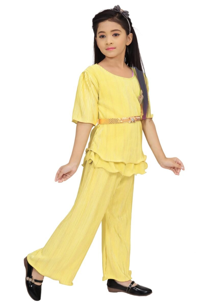 Girls Golden Yellow Co-ord Set with Belt | Cotton Blend | 4-10Y - Image 4
