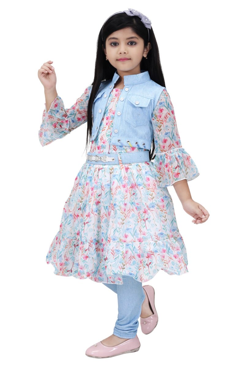 Girls Floral Print Dress with Light Blue Denim Jacket and Belt - Image 4