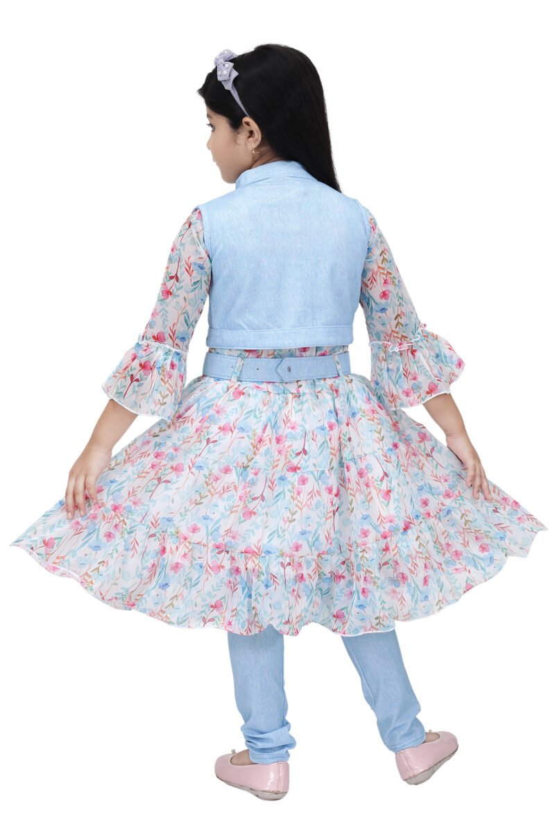 Girls Floral Print Dress with Light Blue Denim Jacket and Belt - Image 3