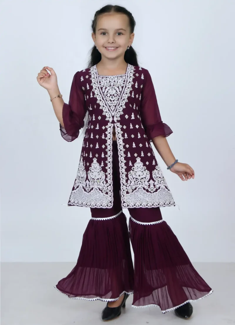 Girls Maroon Embroidered Sharara Set | Ethnic Wedding Dress | 5–10Y