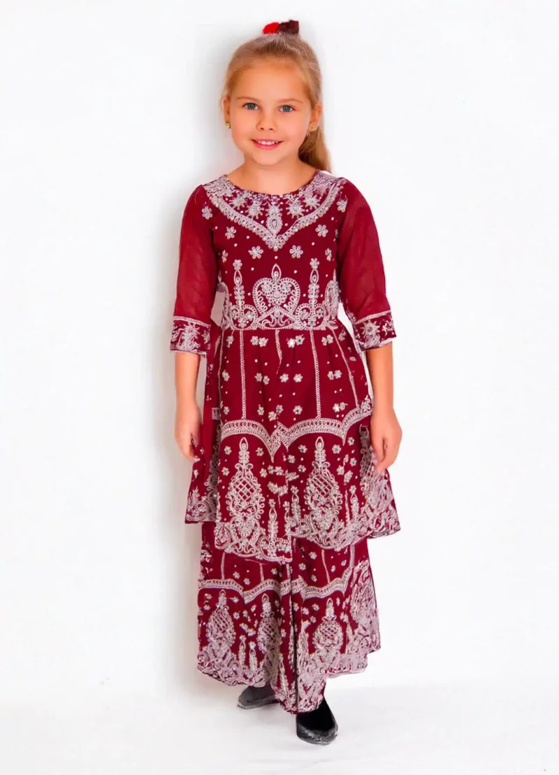 Girls Maroon Embroidered Lehenga Choli Set for wedding | Age 5-8 Years