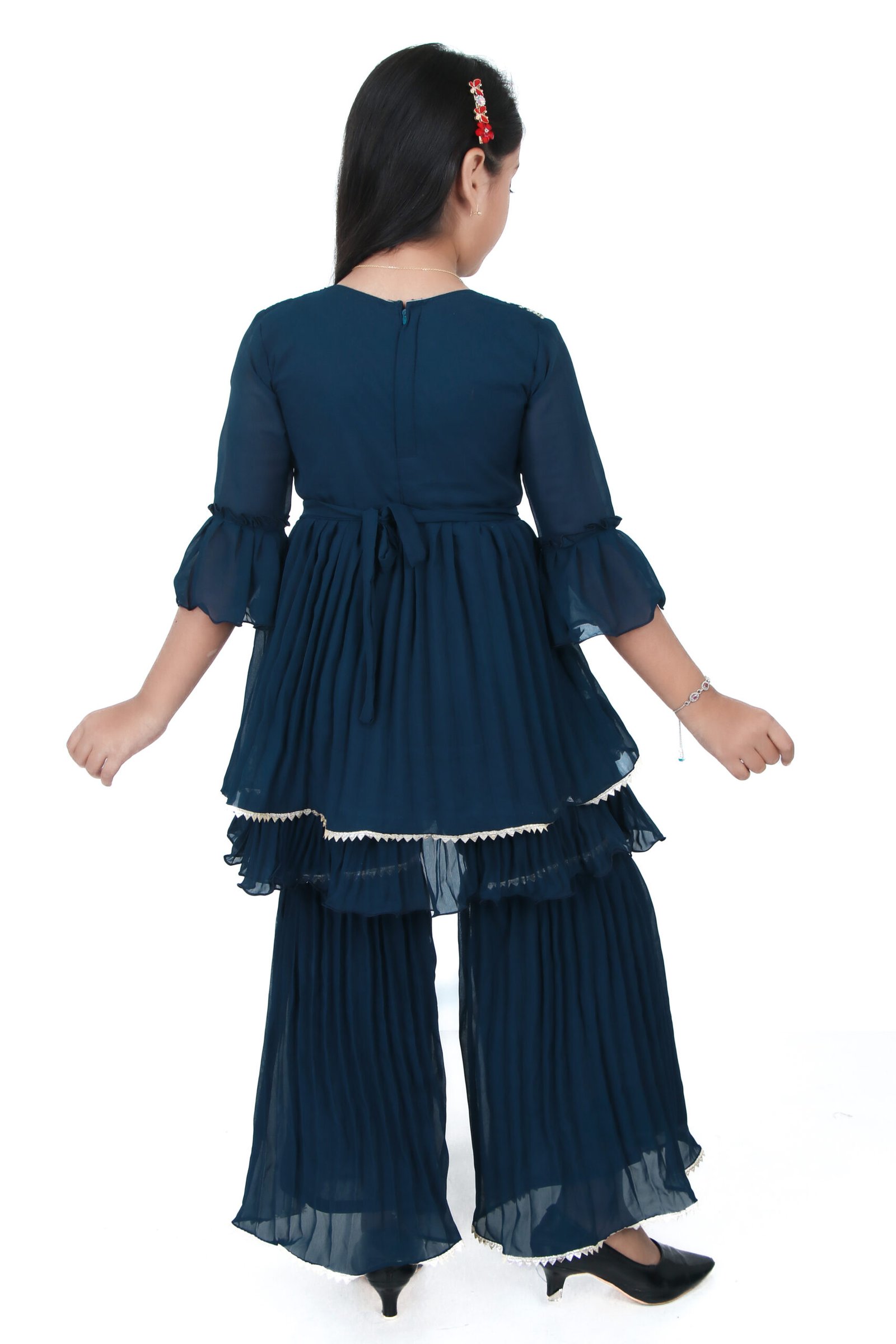 Girls Navy Blue Embroidered Kurti with Sharara Set – Festive Traditional Wear - Image 2