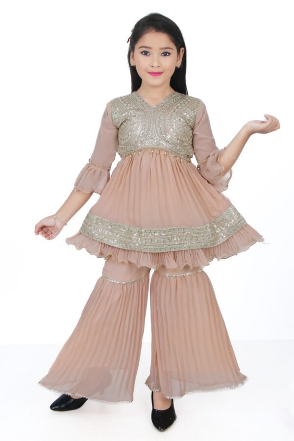 Girls Peach Embroidered Kurti with Sharara Set – Festive & Party Wear