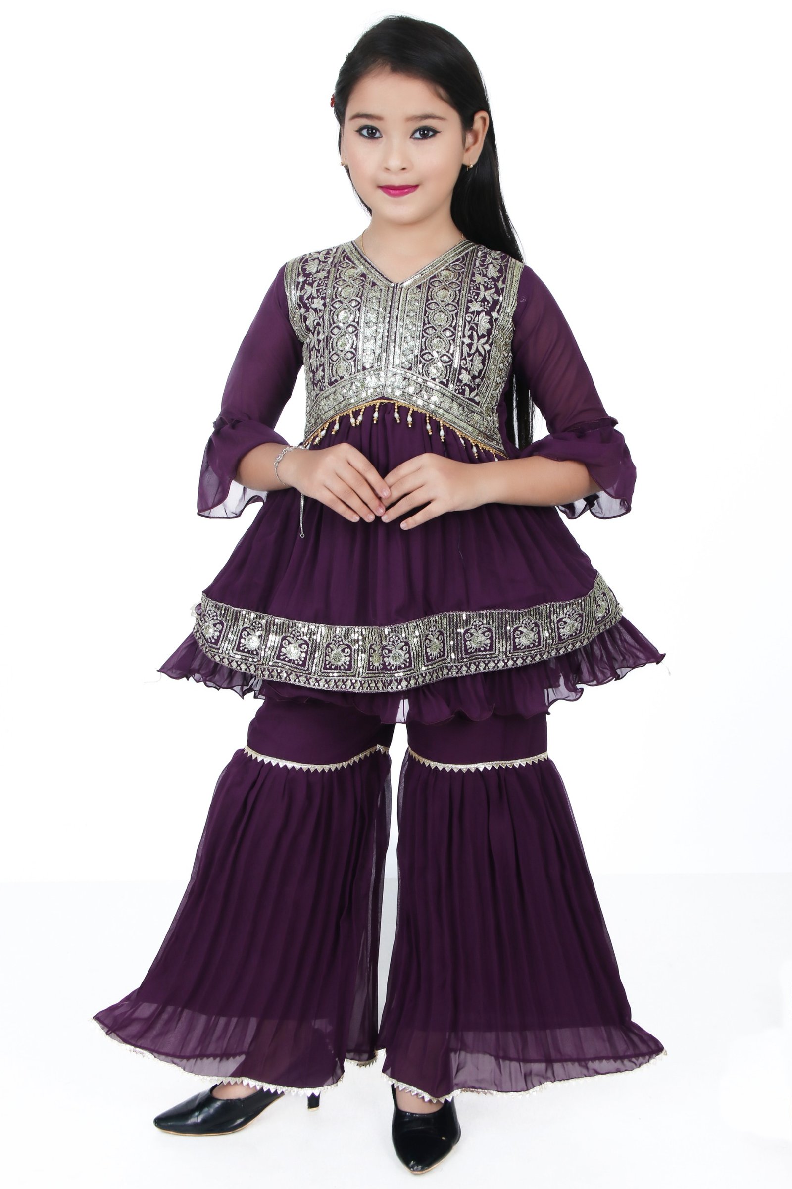 Girls Purple Embroidered Kurti with Sharara Set – Ethnic Party Wear