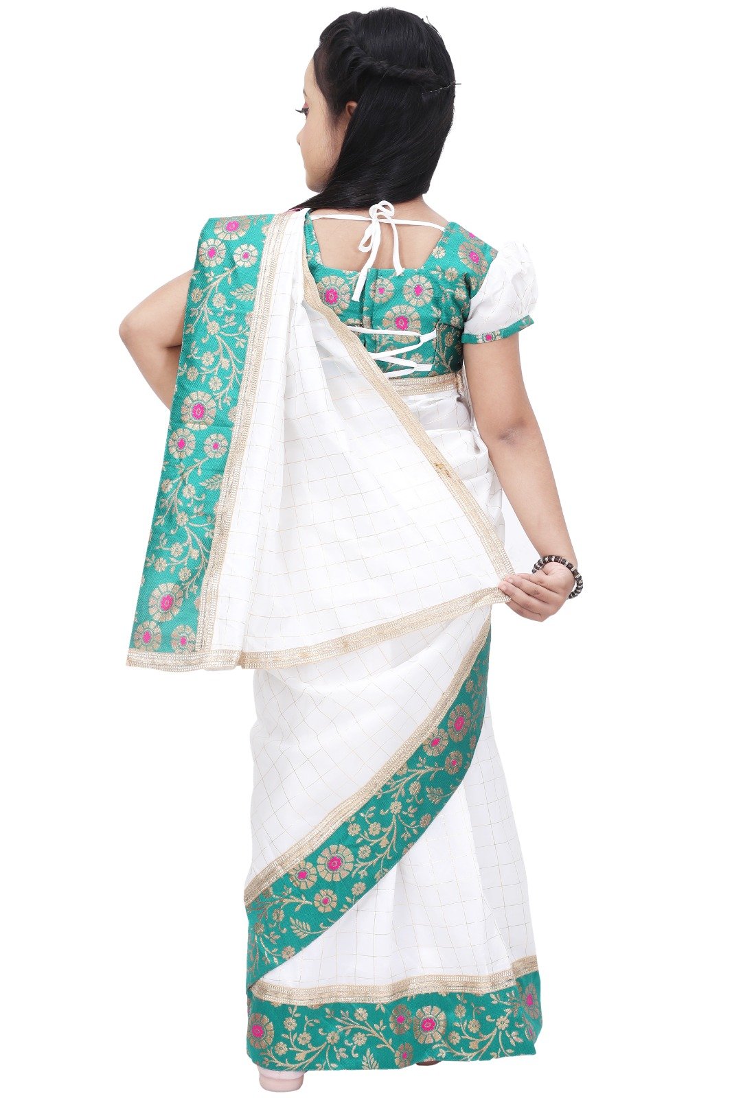 Girls Traditional White and Green Saree Dress – Ethnic Party Wear for Kids - Image 3