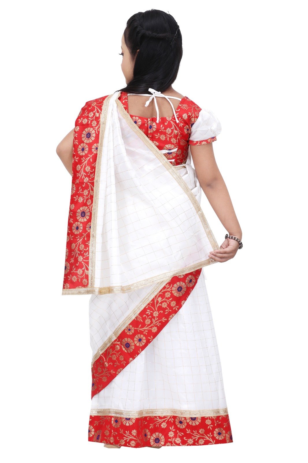 Girls Red and White Traditional Saree Dress – Ethnic Festival Wear for Kids - Image 2