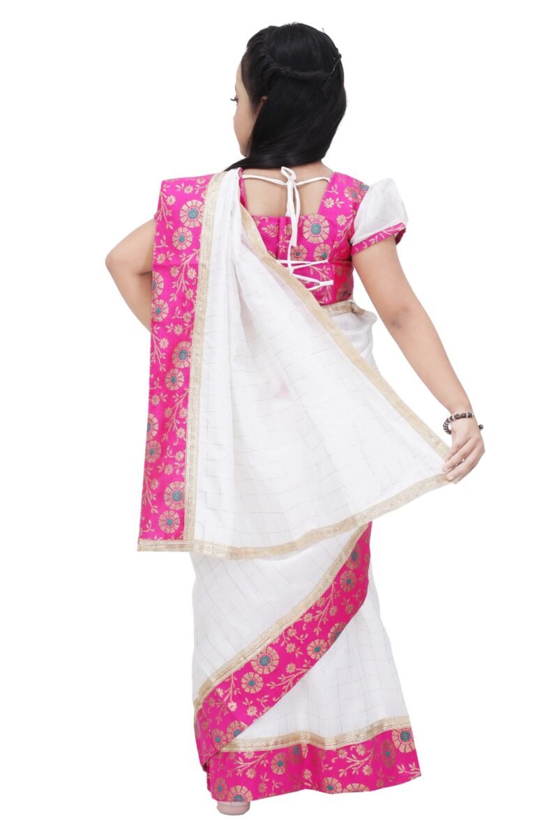 Girls Pink and White Traditional Saree Dress – Ethnic Festival Wear for Kids - Image 3