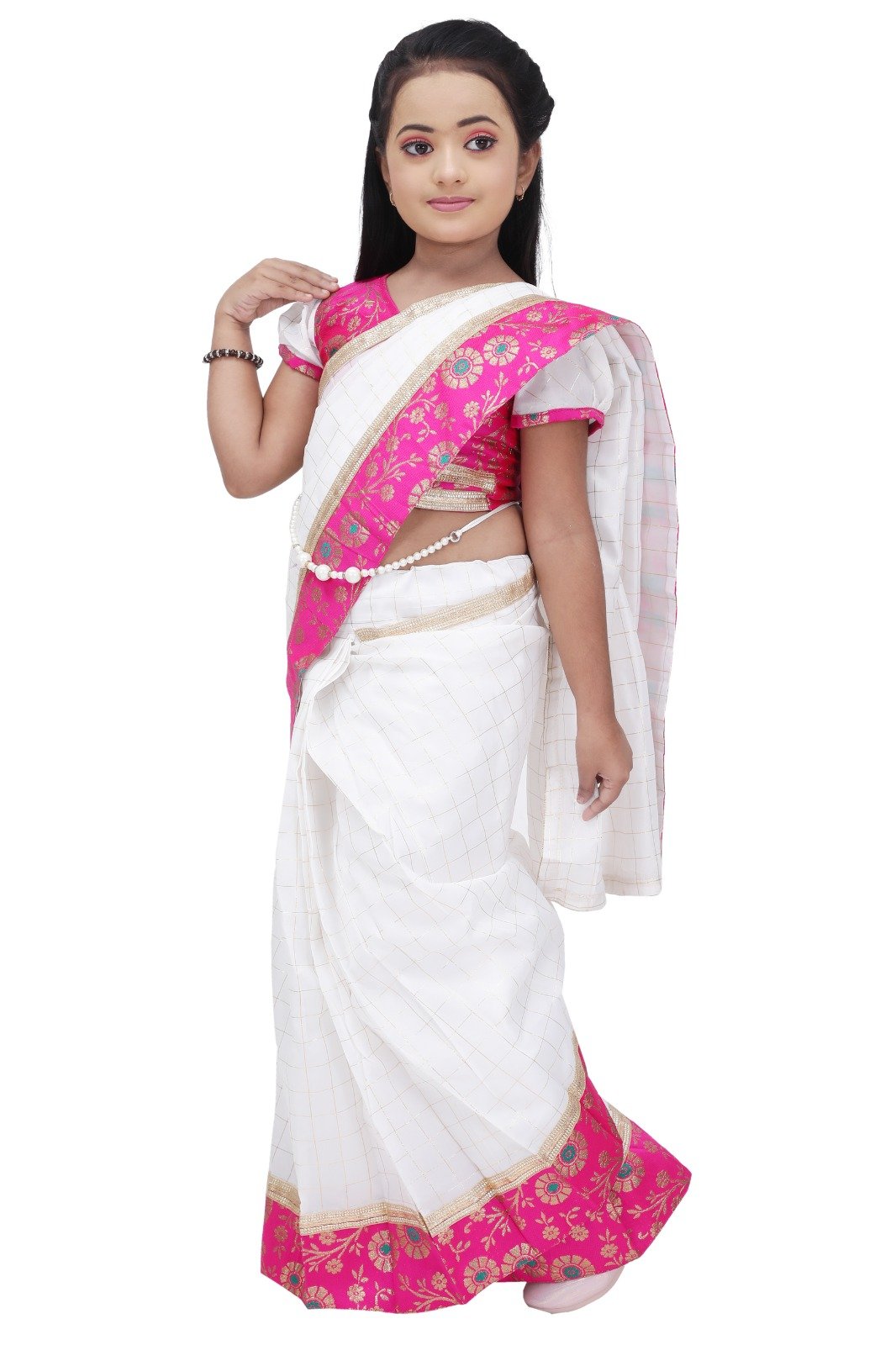 Girls Pink and White Traditional Saree Dress – Ethnic Festival Wear for Kids - Image 2