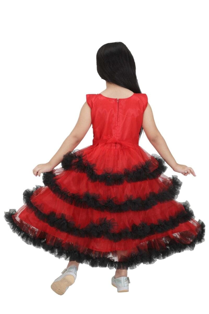 Girls Red Net Frock Gown Sleeveless Long Dress - Image 2