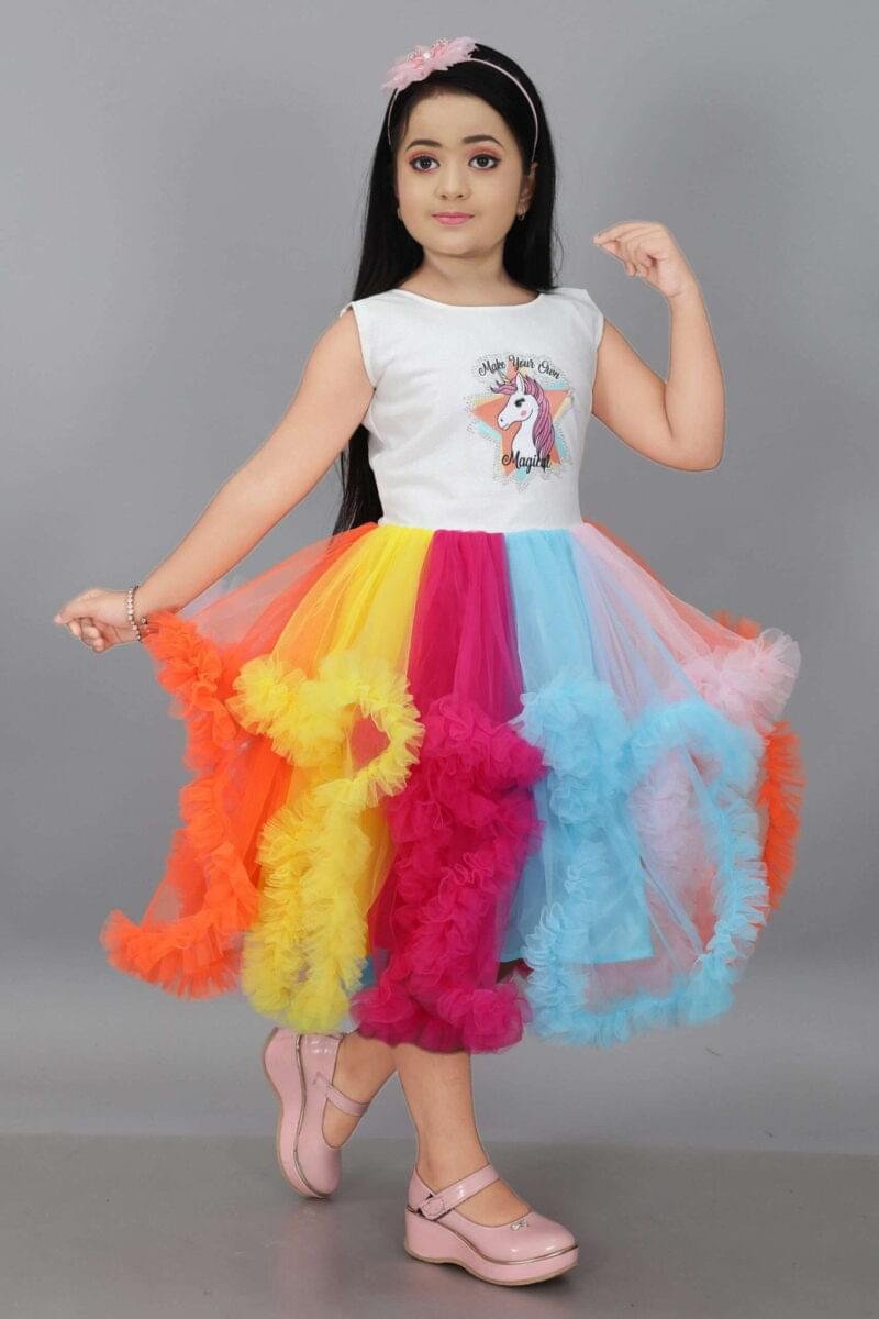 Girls' Long Multicolor Net Frock - Unicorn Print - Image 4