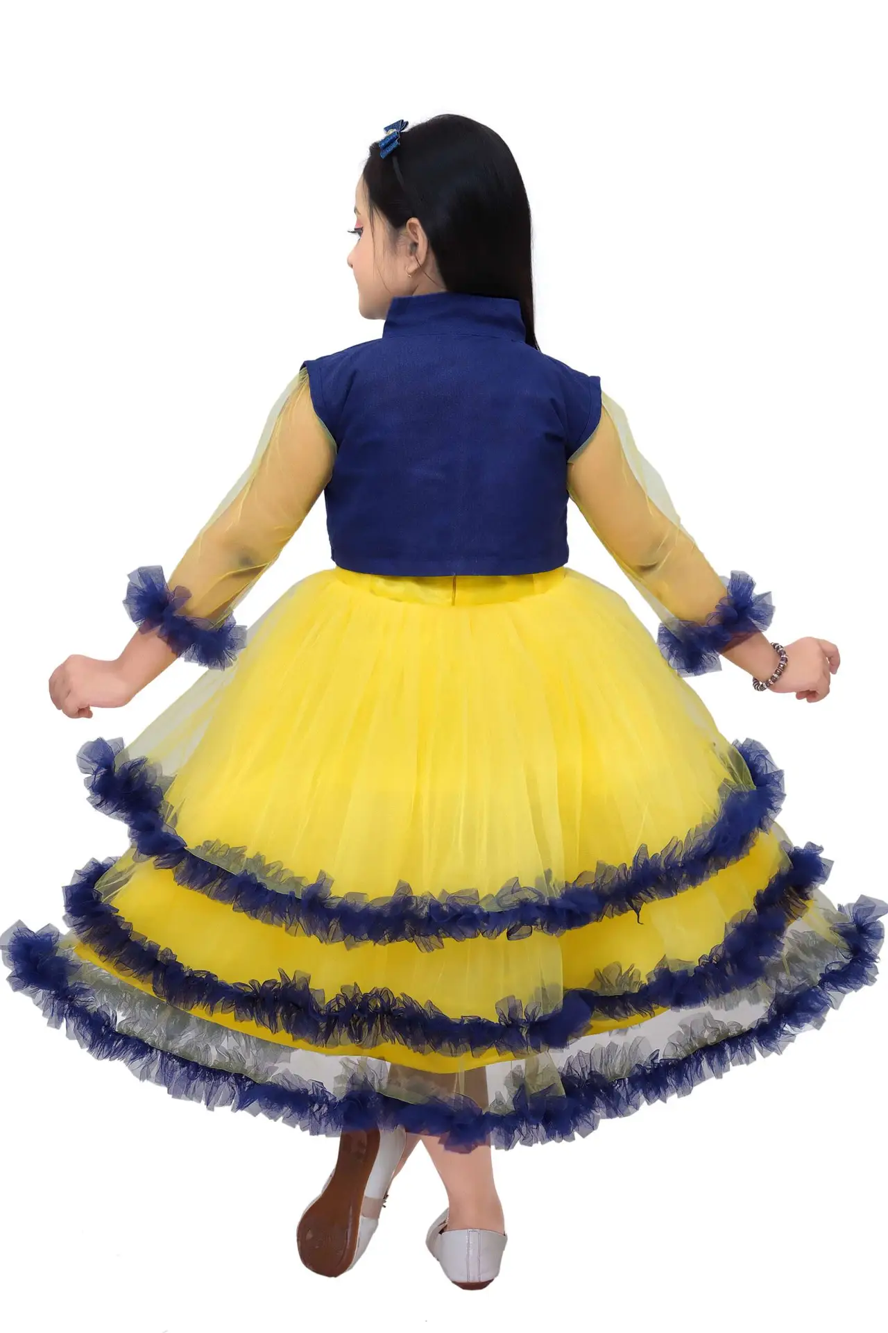 Girls' Gold Net Frock Gown with Denim Jacket - Party Wear - Image 2
