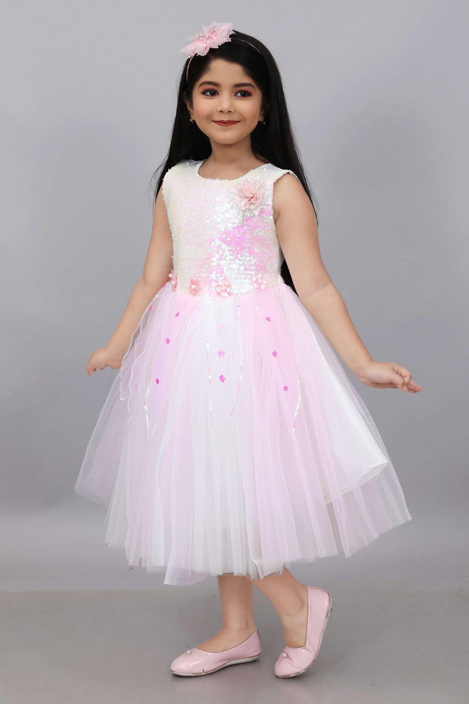 Girls Pink Net Frock Party Formal Dress - Image 3