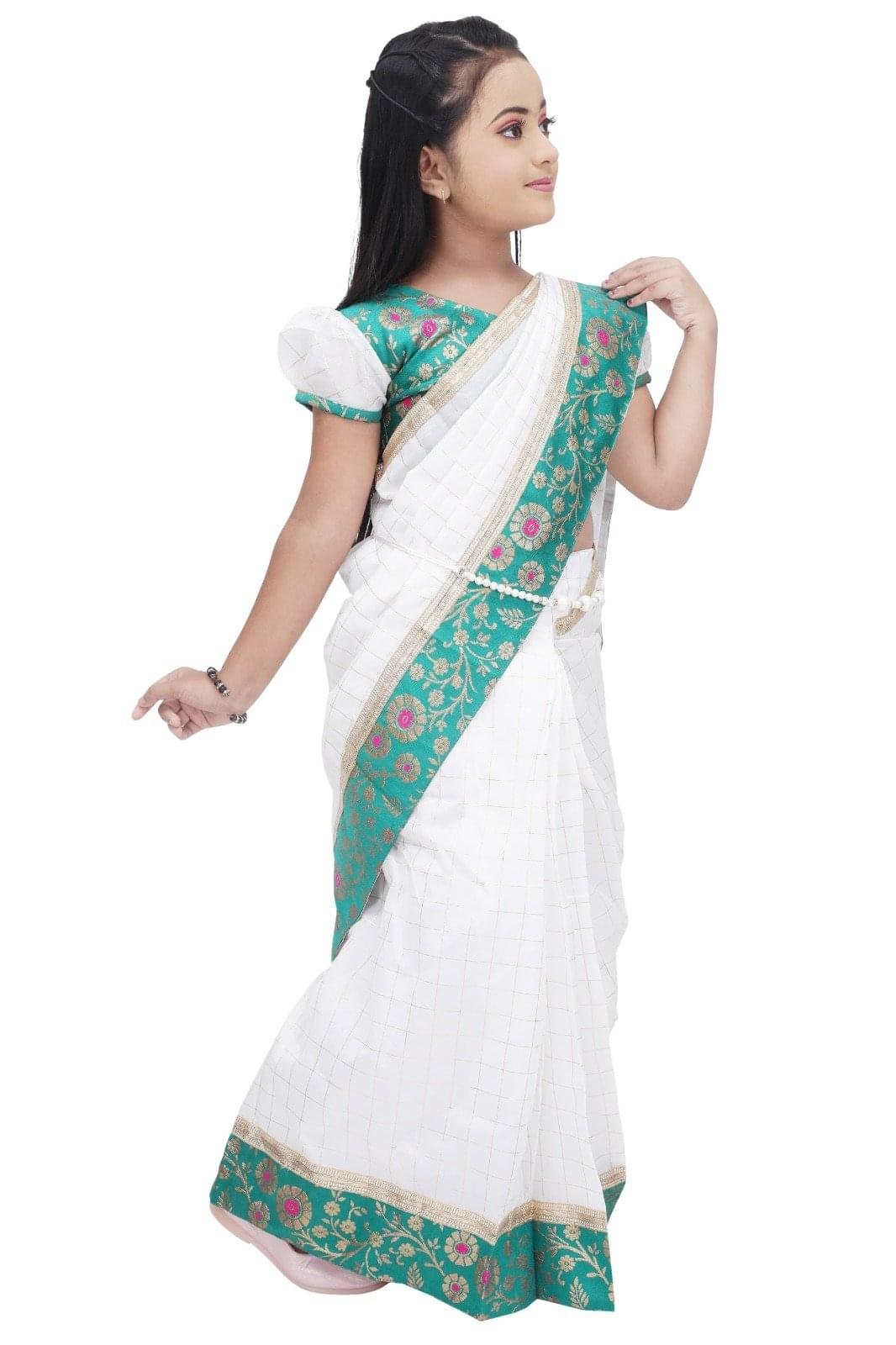 Girls Traditional White and Green Saree Dress – Ethnic Party Wear for Kids - Image 2